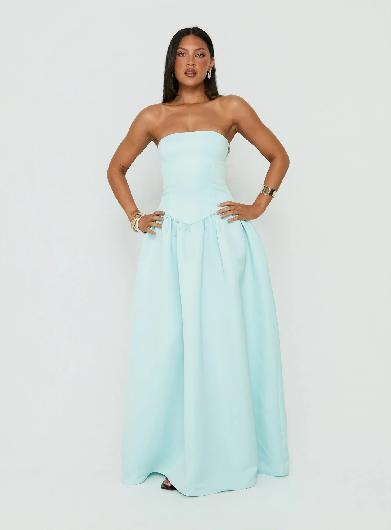 Soft Bloom Drop Waist Strapless Maxi Dress Blue