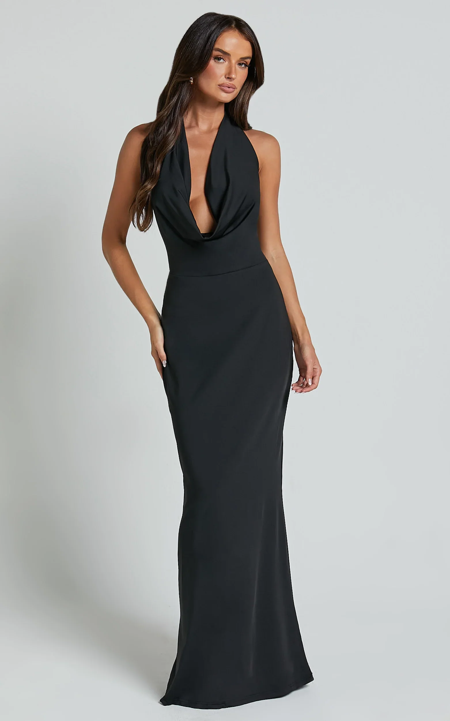 Sylvana Maxi Dress - Cowl Halter Neck Bodycon Dress in Black