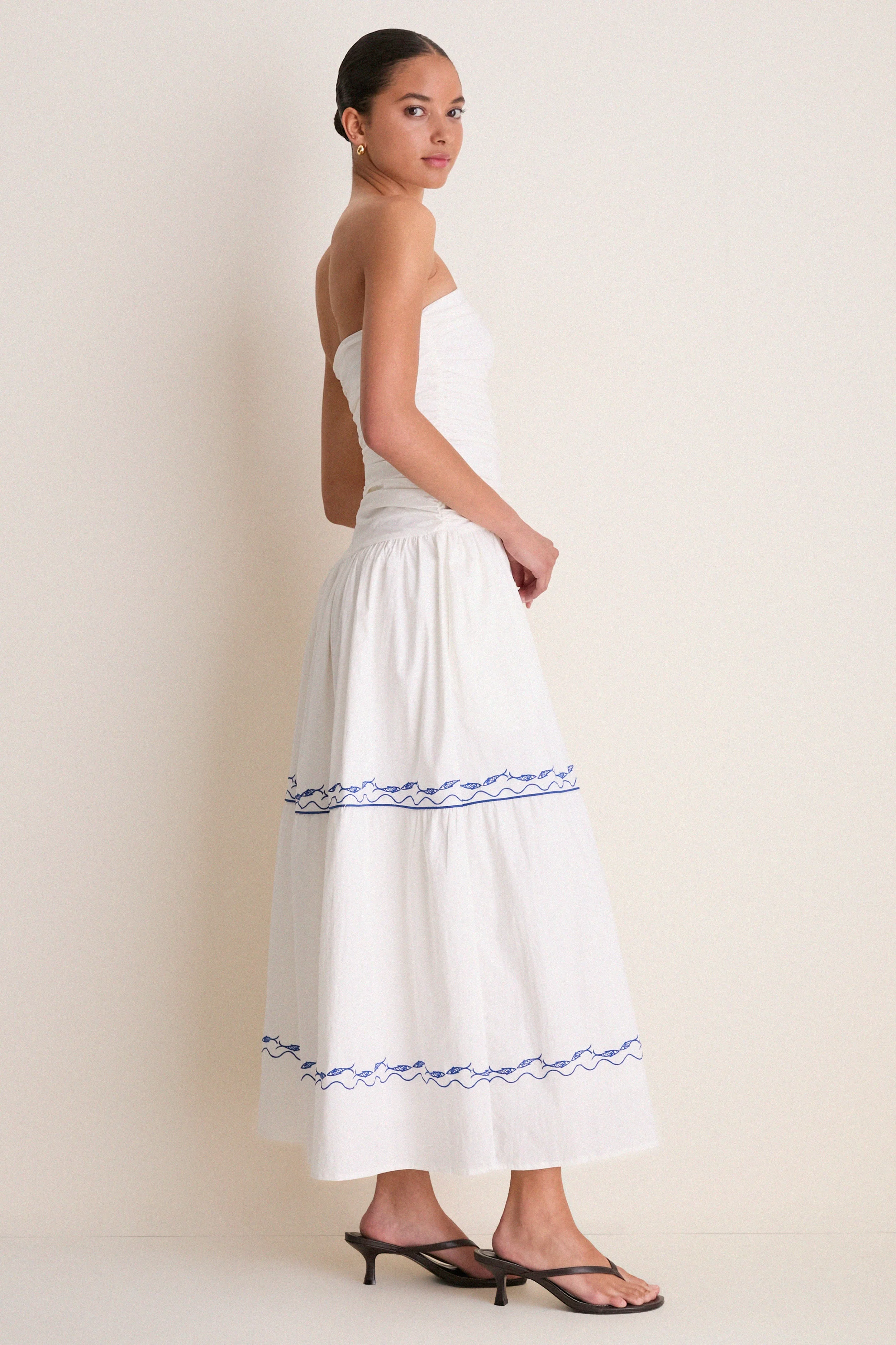 White and Blue Oia Midi Dress