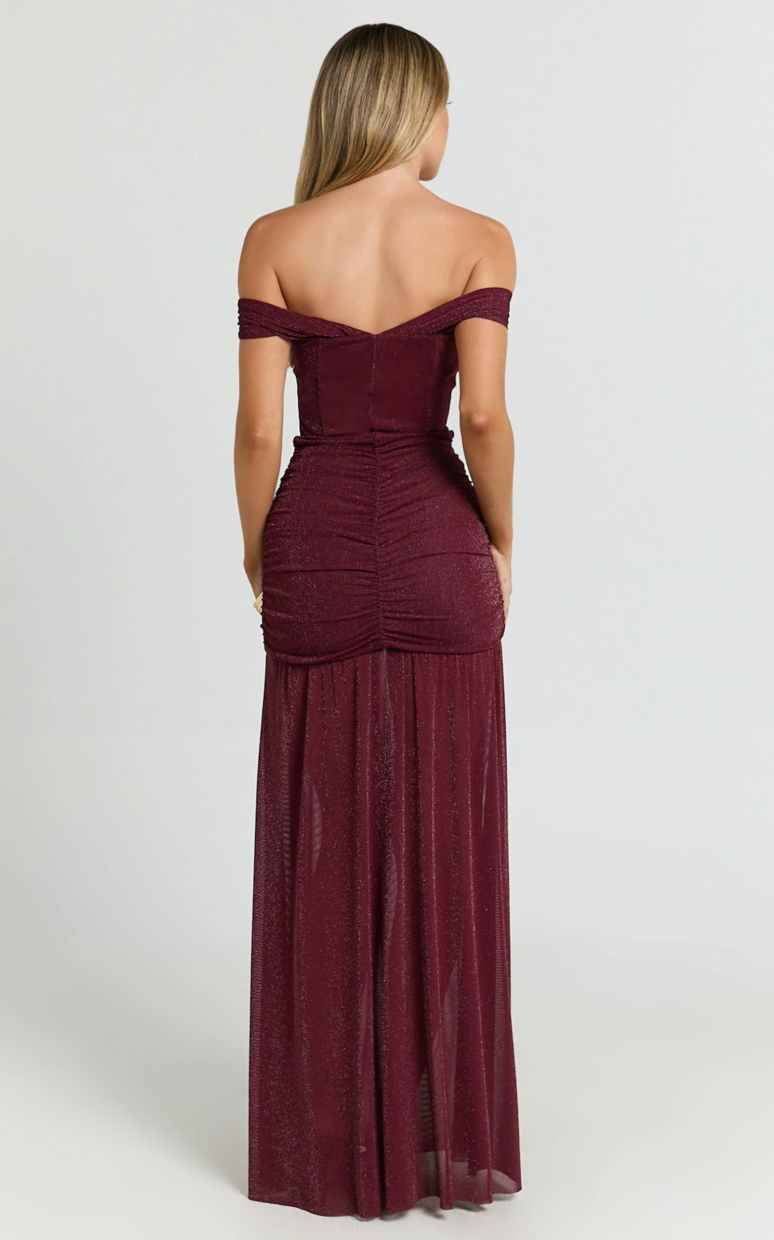 Lilliana Maxi Dress - Glitter Tulle Off Shoulder Tie Front Ruched High Split Dress in Wine