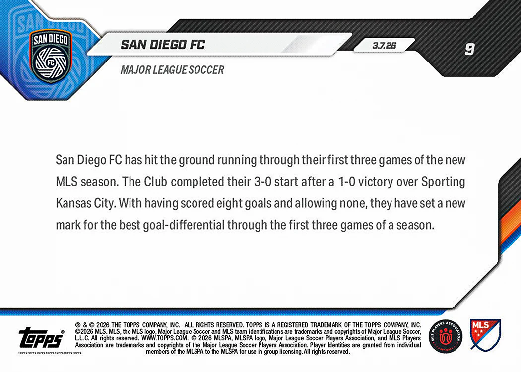 San Diego FC - 2026 MLS Topps NOW® - Card 9 - PR: 478