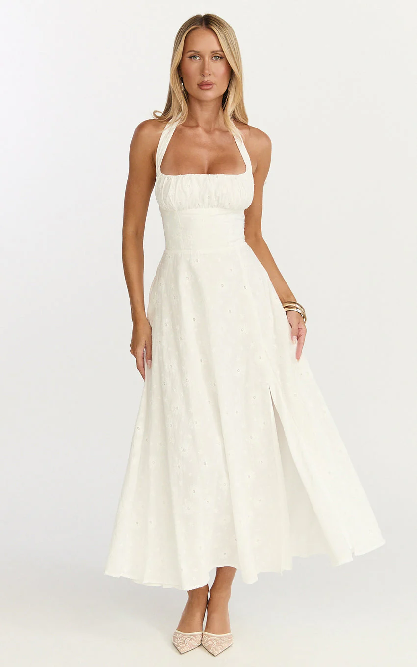 Lyra Midi Dress - Broderie Ruched Bust Halter Neck Dress in White