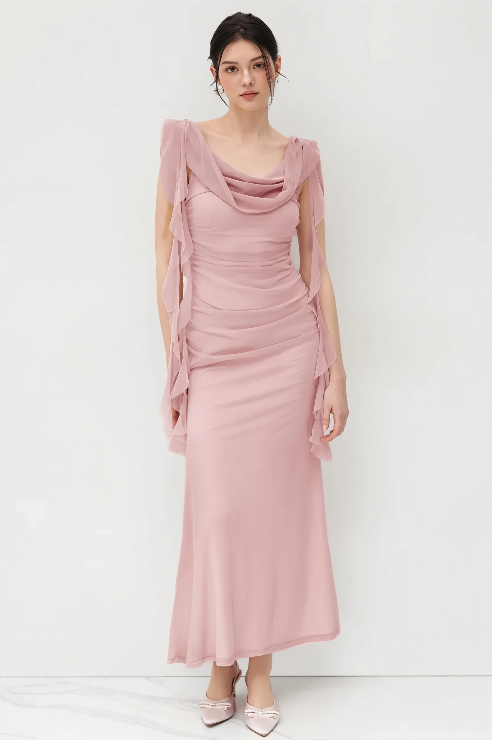 Lace Strap Backless Ruffle Maxi Dress