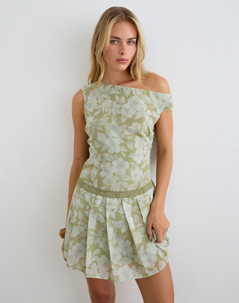 Qaireen Mini Dress in Pale Flower Green