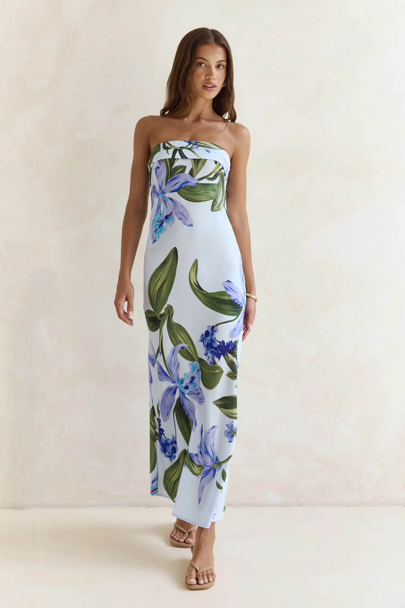 Bells Of Spring Satin Strapless Maxi Dress Blue