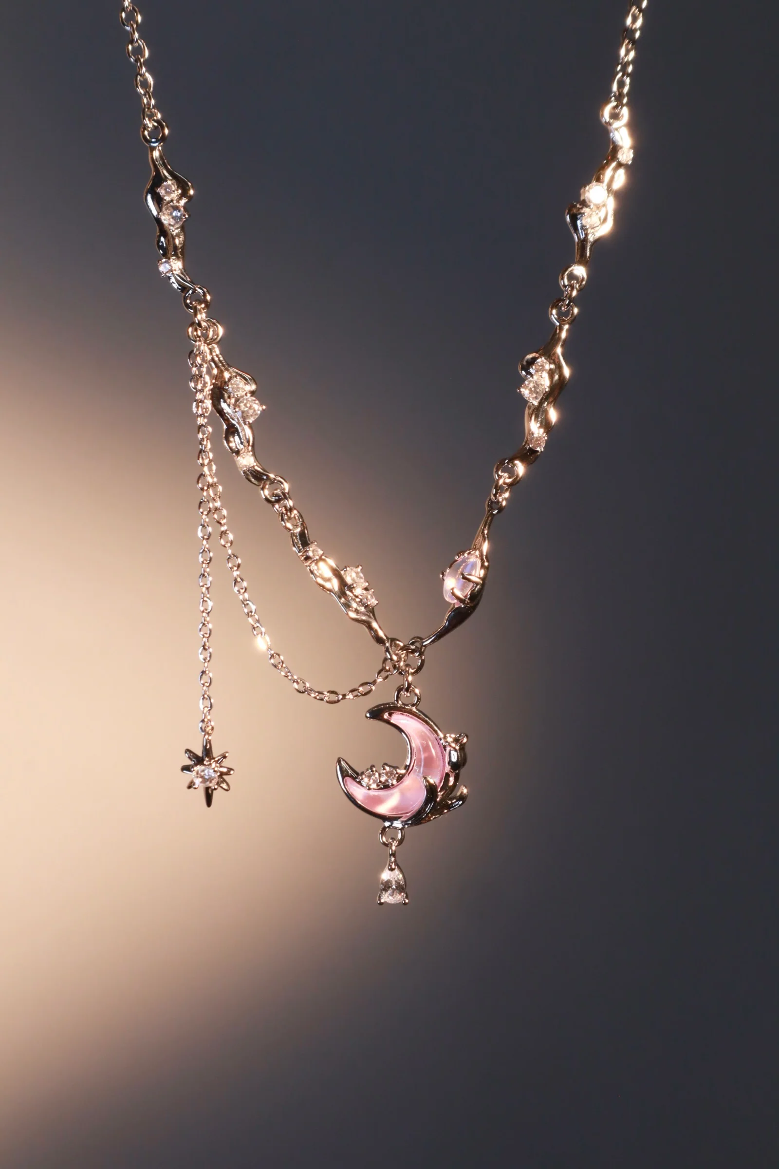 Palladium White Gold Plated Sparkle Rose Moon Necklace