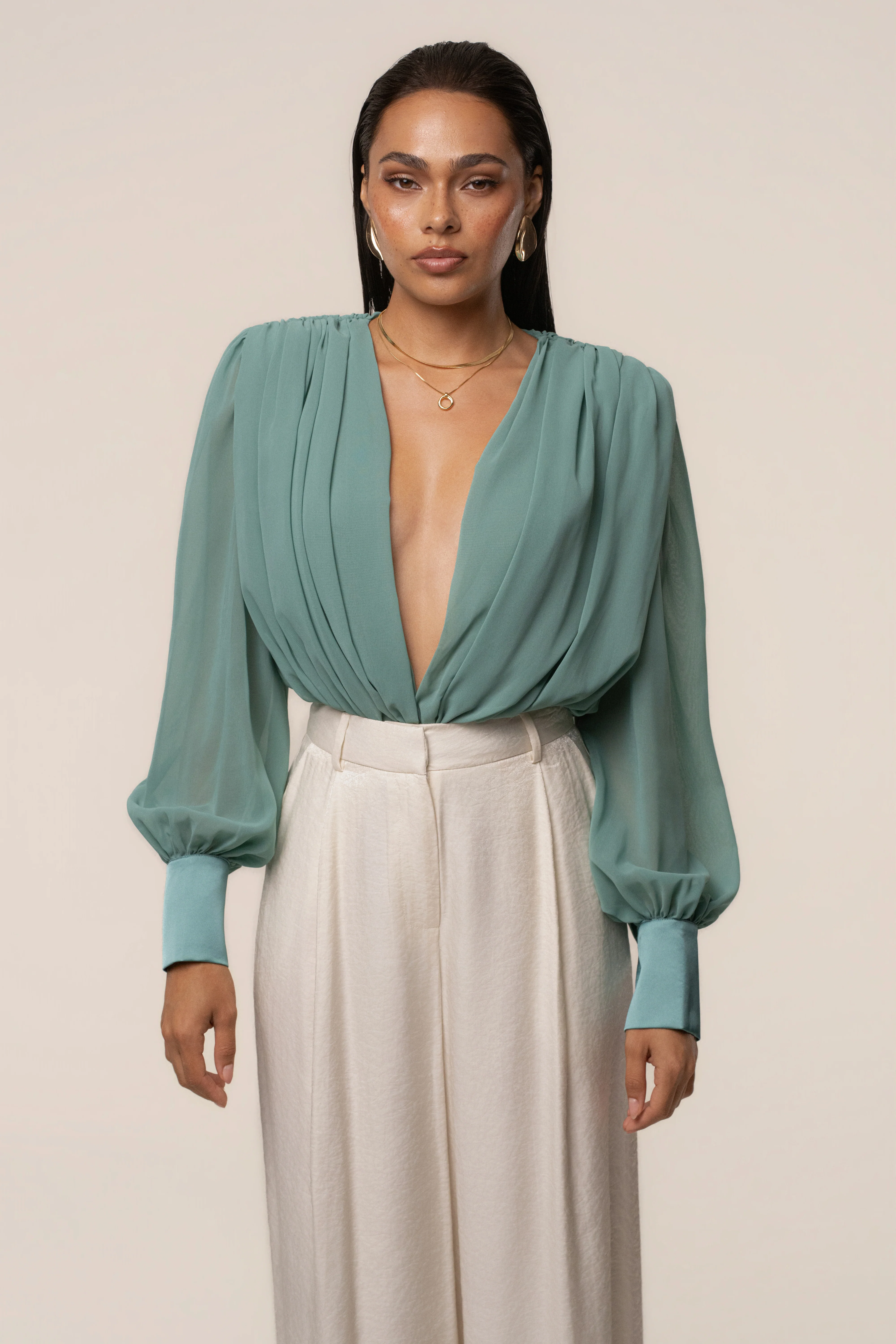 Teal Refined Pleated Chiffon Top