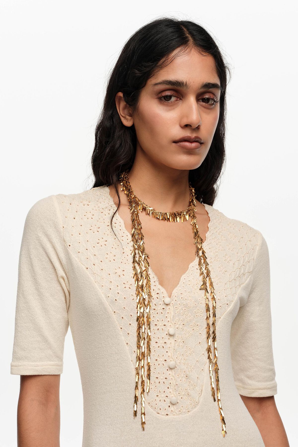 Aged gold metal chain necklace with fringe