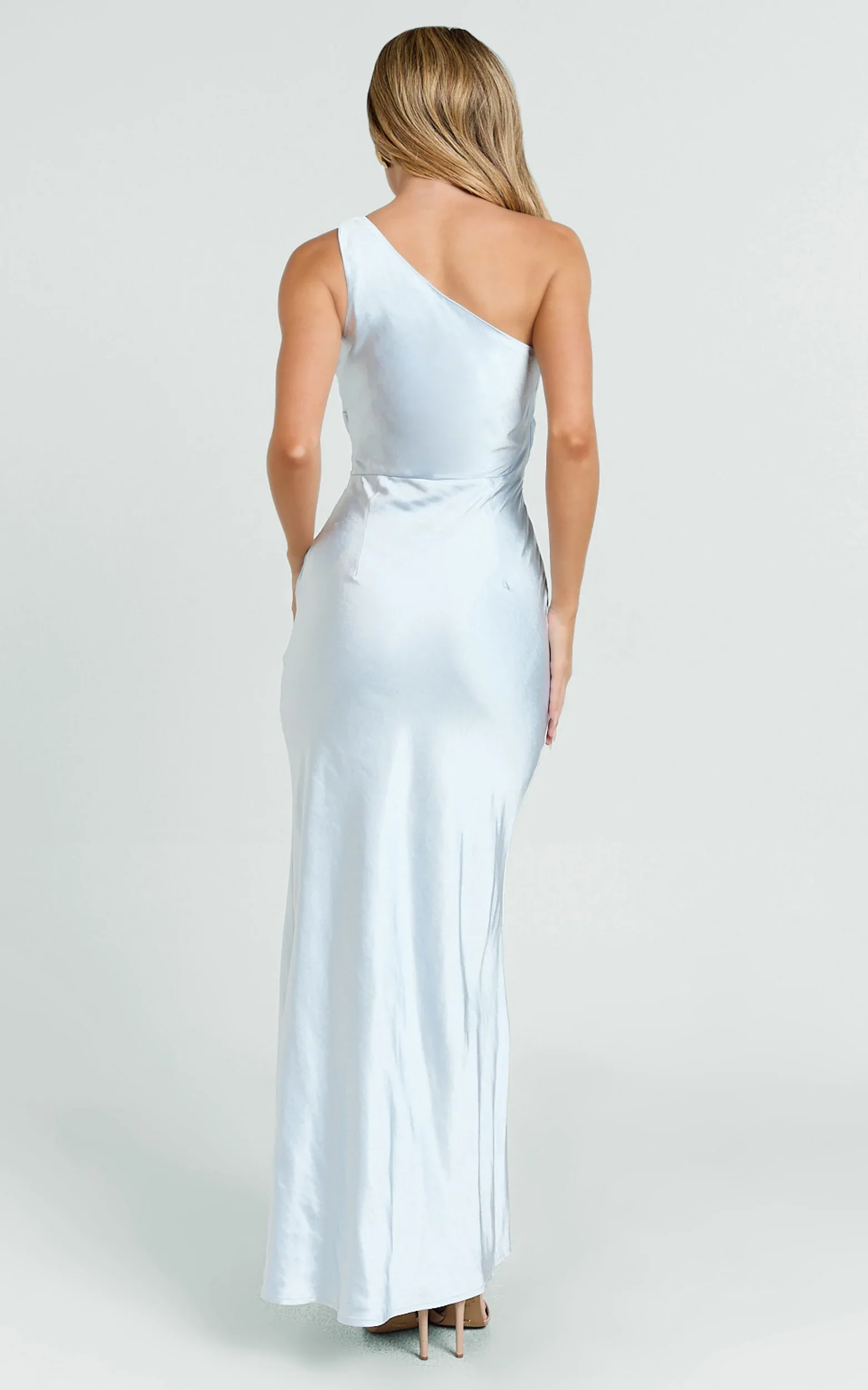 Isla Maxi Dress - Satin One Shoulder Side Split Dress in Sky Blue