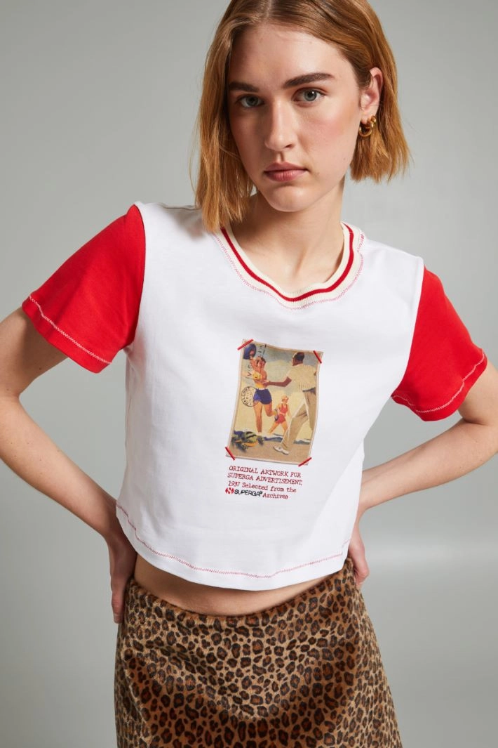 Printed cropped T-shirt - WHITE RED