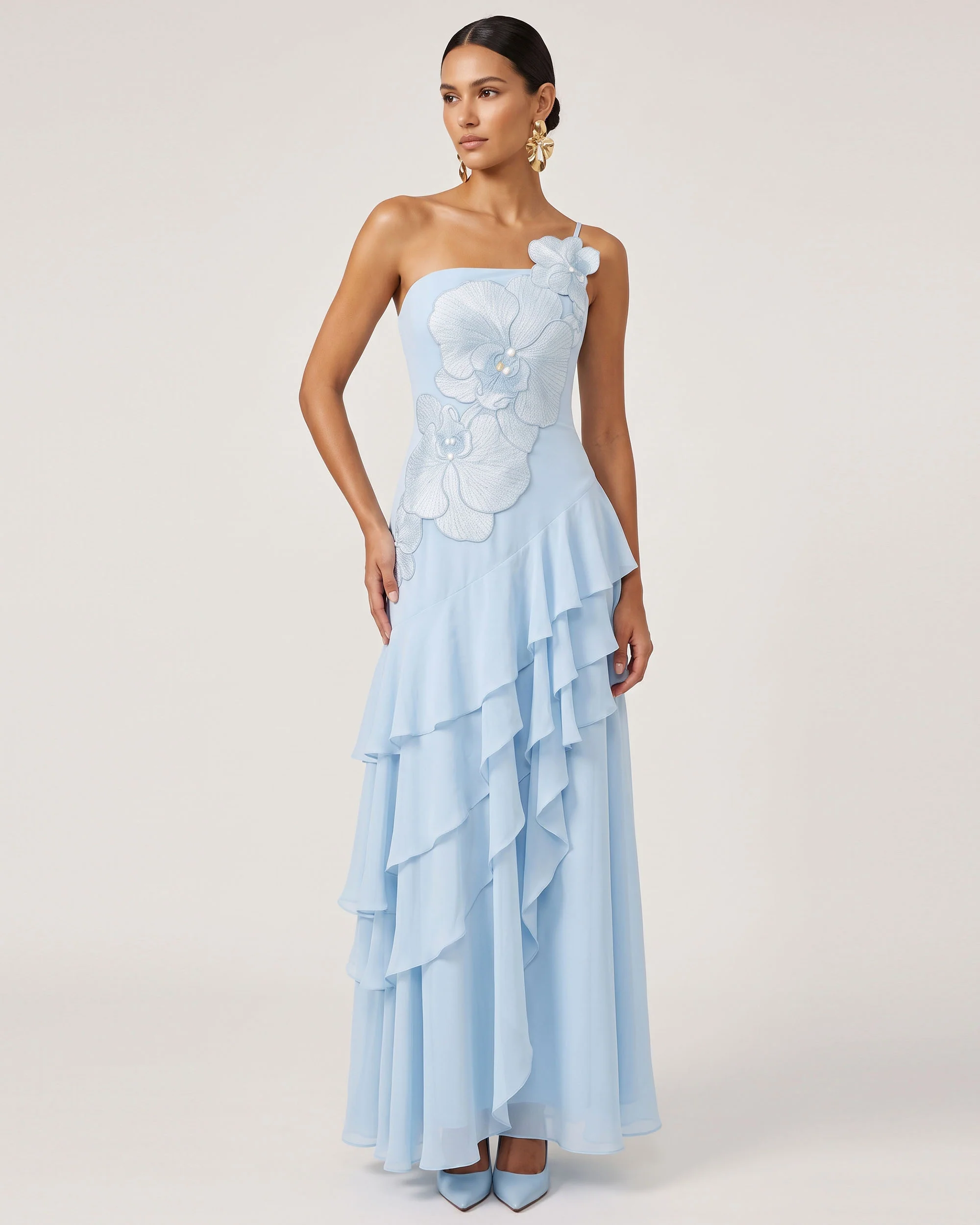 Orchid Embroidered Strapless Layered Maxi Dress - Light Blue