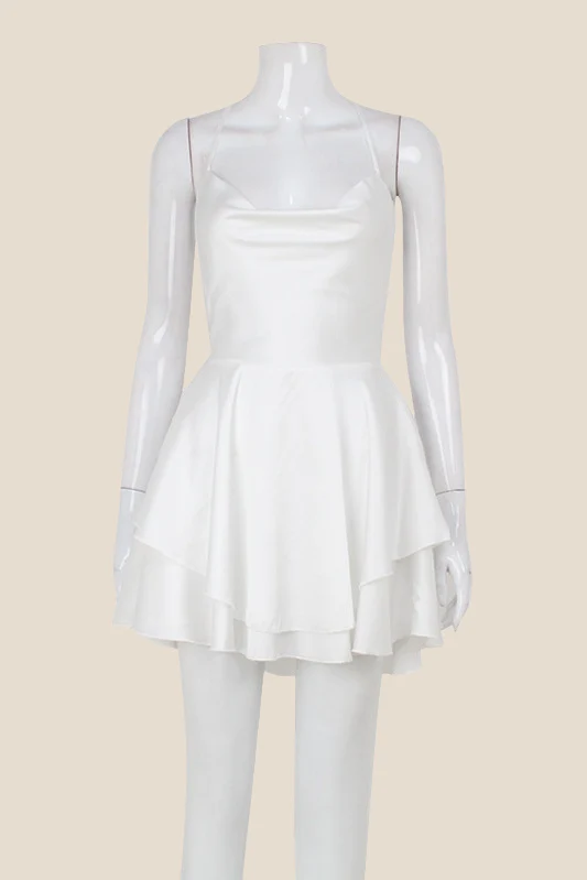 Straps White Lace-up Back Tiered Mini Dress