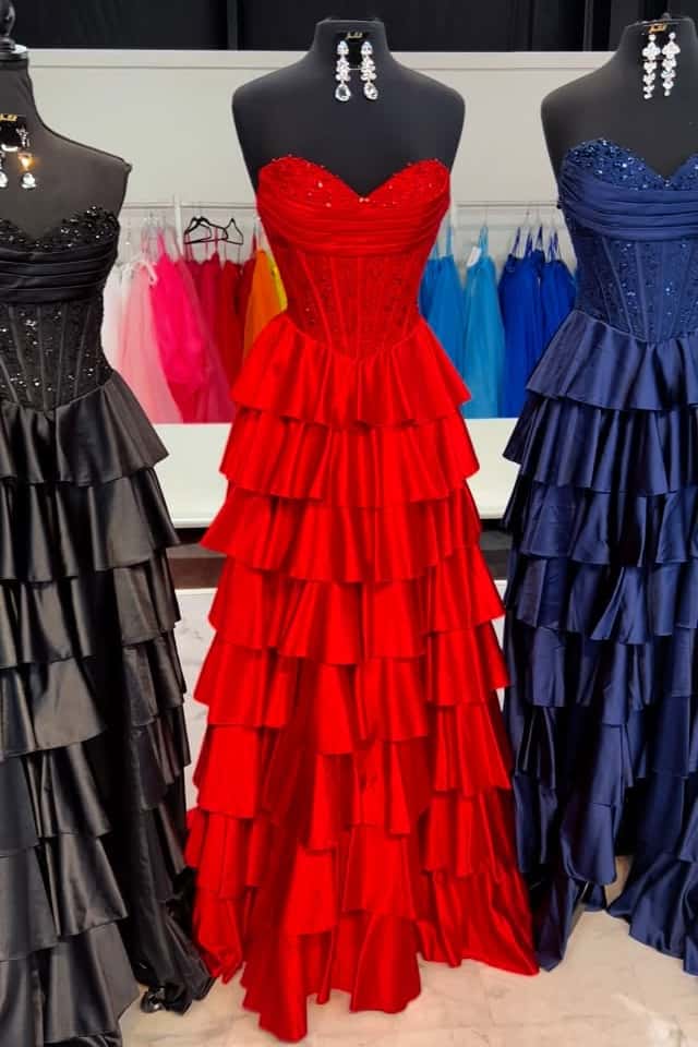 Red Appliques Satin Ruffle A-line Gown