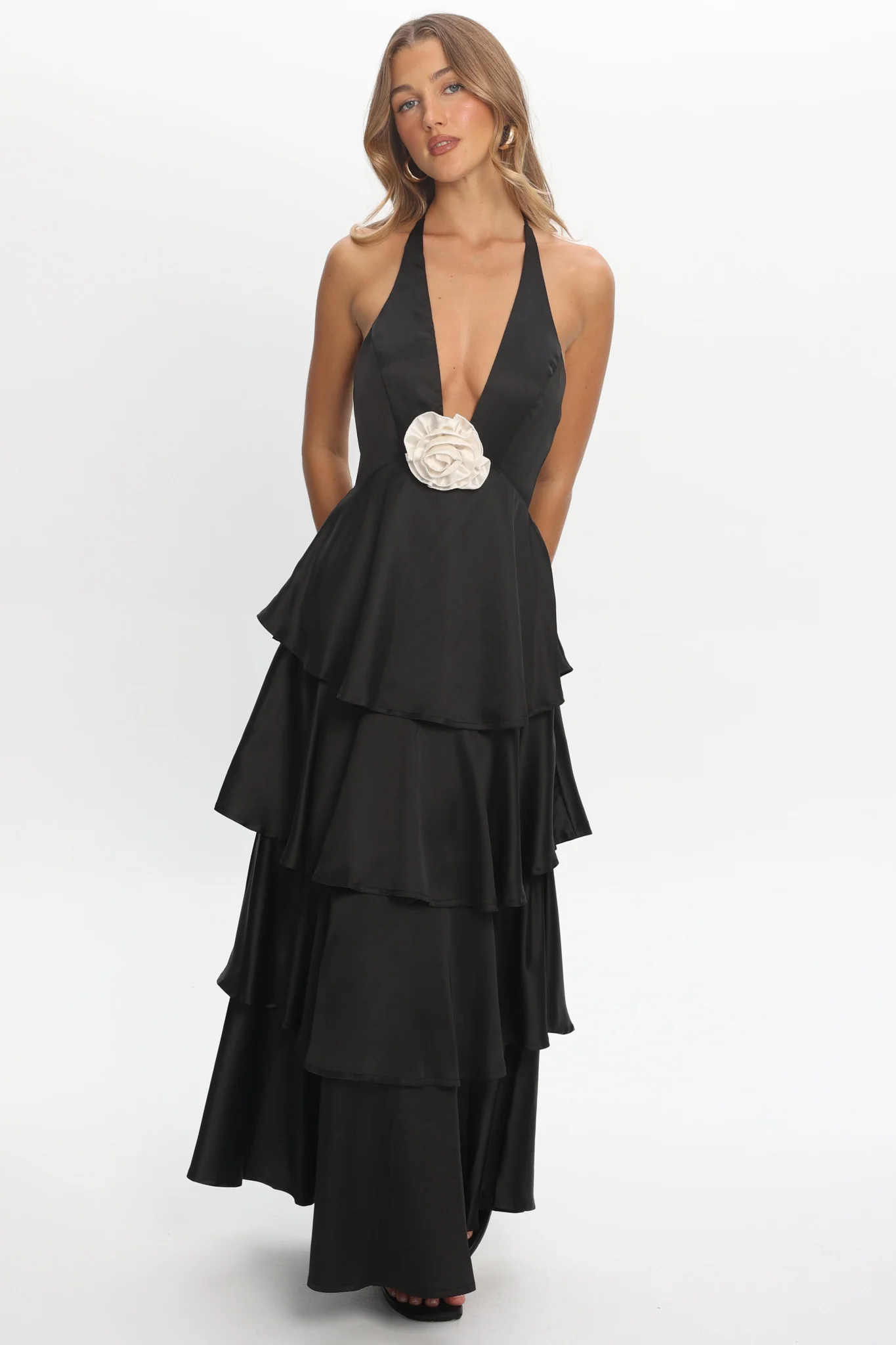 Catalina Tiered Ruffle Rosette Maxi Dress Black