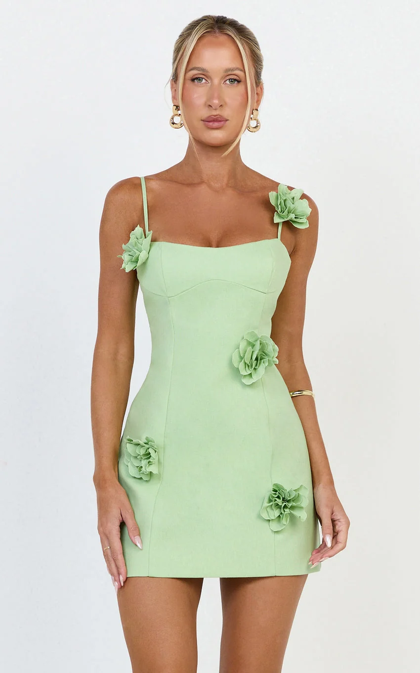 Ondine Mini Dress - 3D Floral Strappy Dress in Apple Green