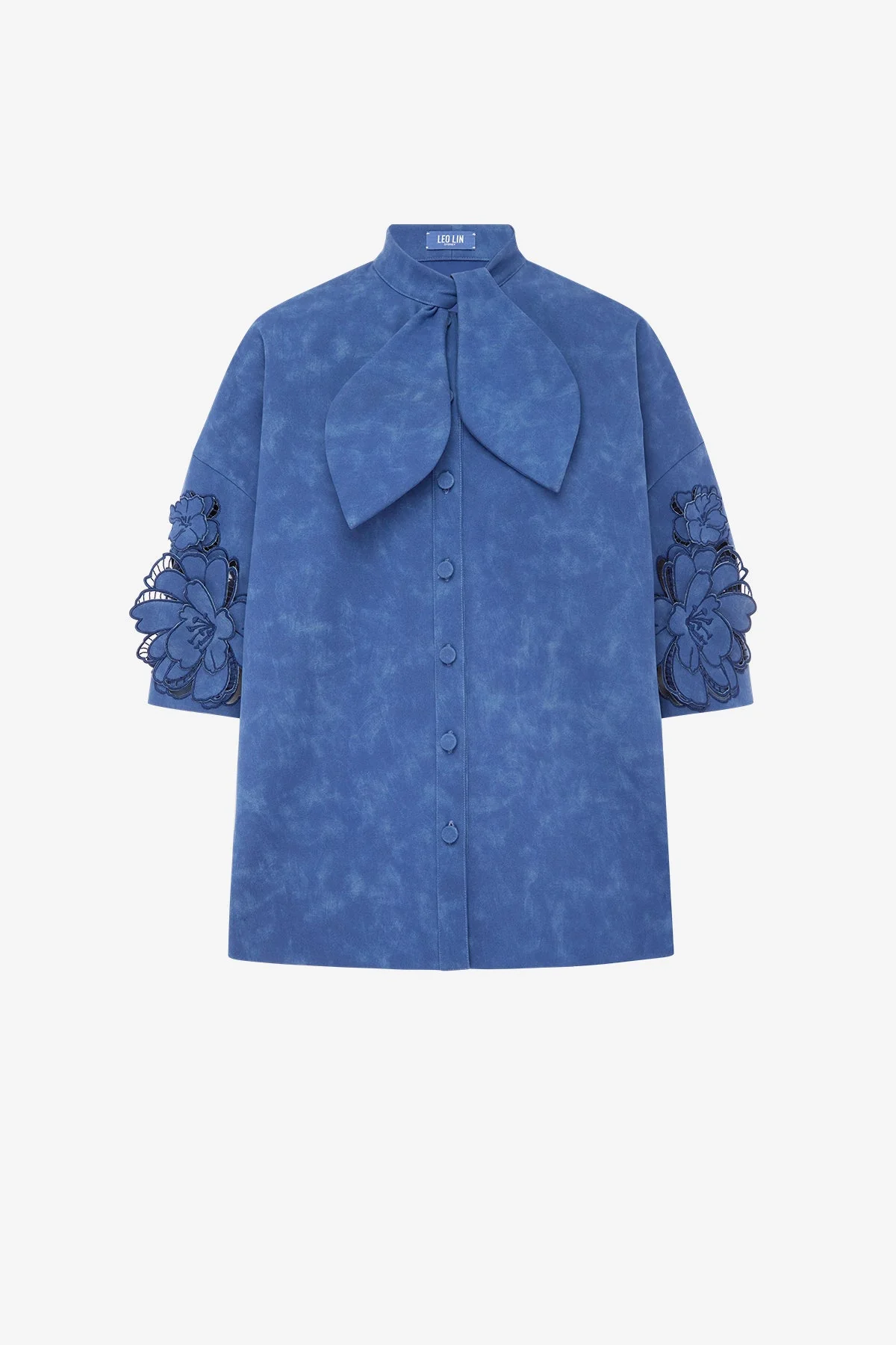 Brooklyn Appliqué Vegan Suede Bow Puff Sleeve Top - Azure