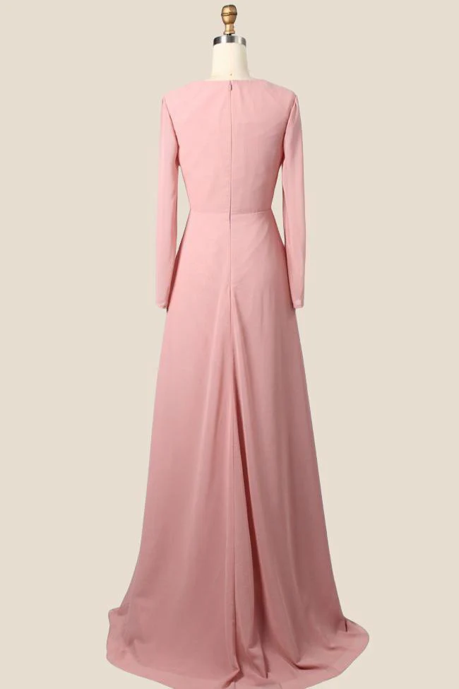 Long Sleeves Blush Pink Pleated Bridesmaid Dress