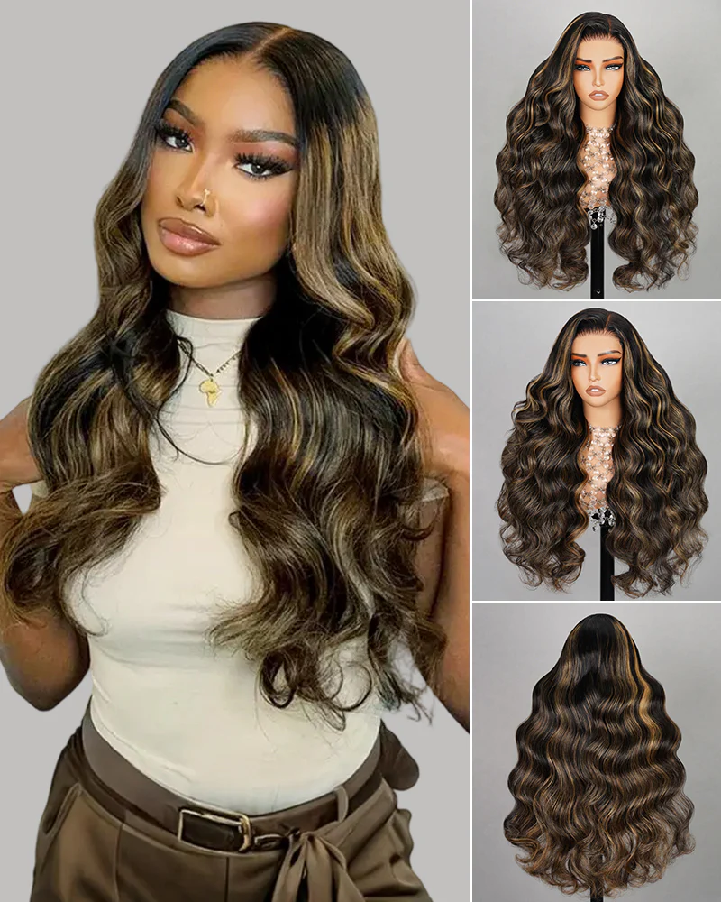 Ophirawig 13x4 Frontal Lace Balayage Highlight Body Wave/Silky Straight Wig Invisible Knots Realistic Hairline