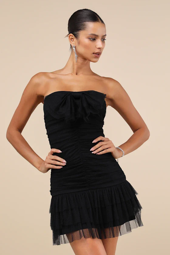 Picture-Perfect Persona Light Pink Mesh Bow Ruched Mini Dress