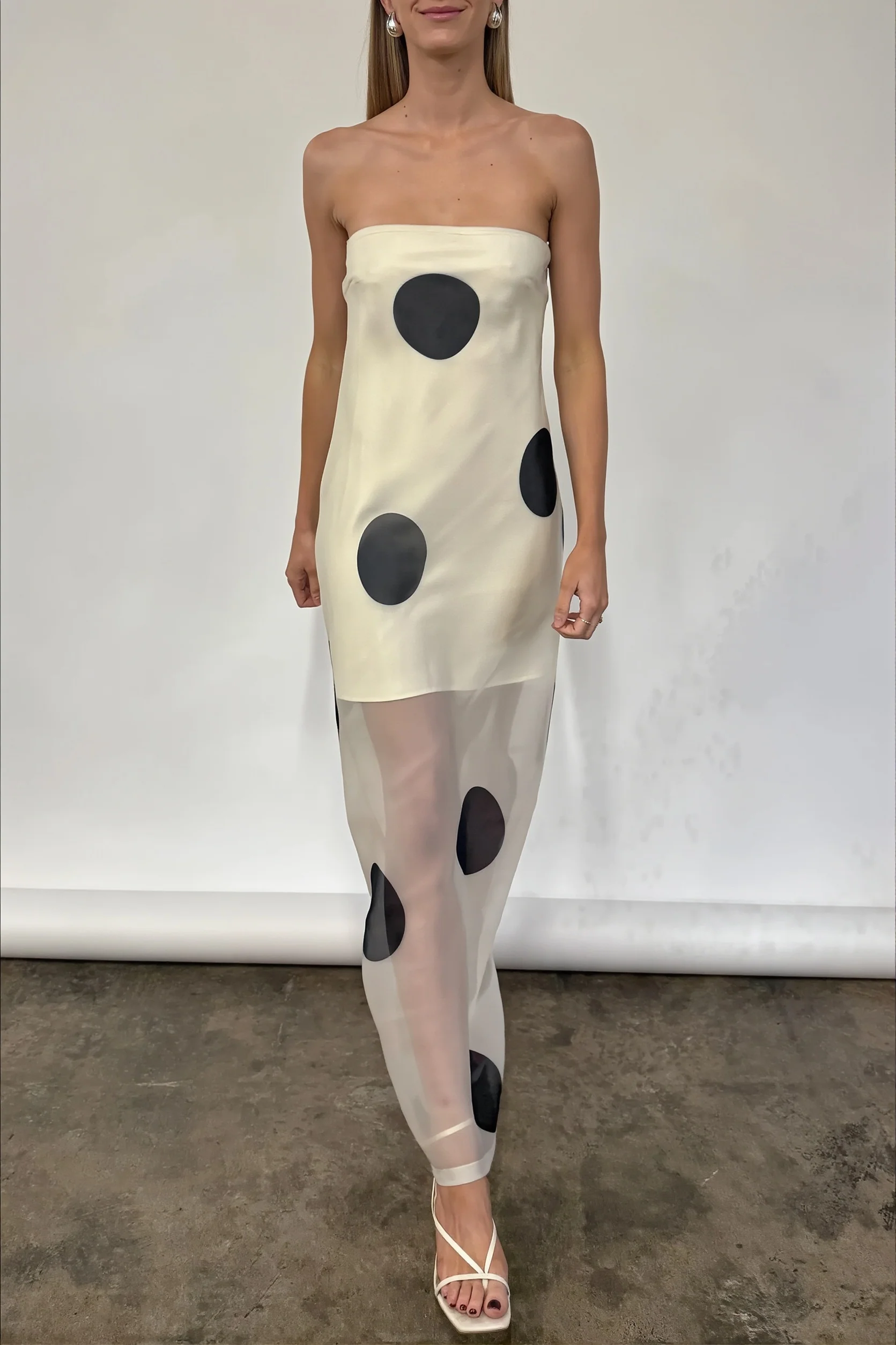 Elegant Polka Dot Strapless Sheer Slim Maxi Dress