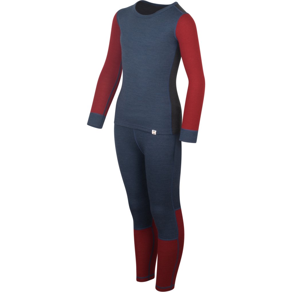 Trollkids Merino II Baselayer Set Kids - Carmin Red/Mystic Blue/Black