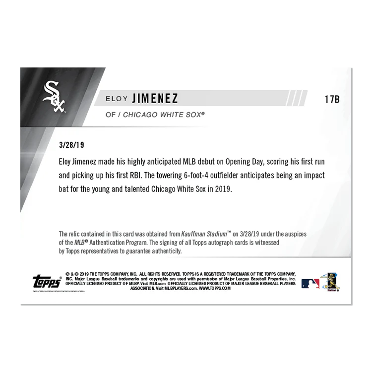 On-Card Auto Base Relic # to 49 - Eloy Jimenez - MLB TOPPS NOW® Card 17B