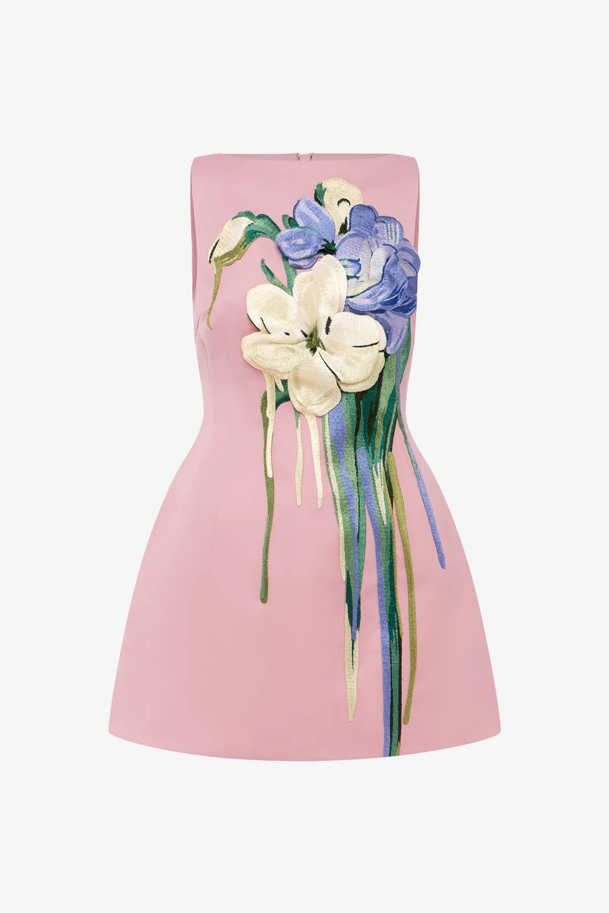 Ali Embroidered Boat Neck Mini Dress - Bouquet Print in Pastel Pink