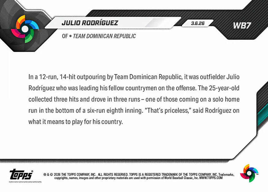 Julio Rodríguez - 2026 World Baseball Classic Topps NOW® - Card 7 - PR: 1234