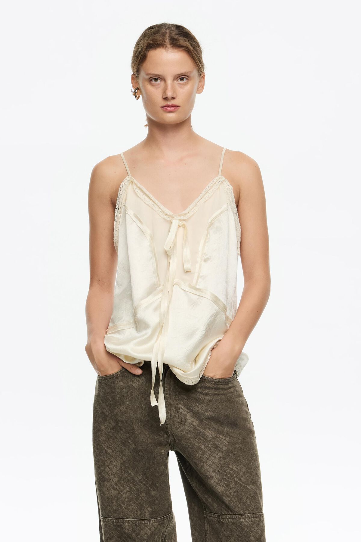 Beige mixed fabrics straight cut top