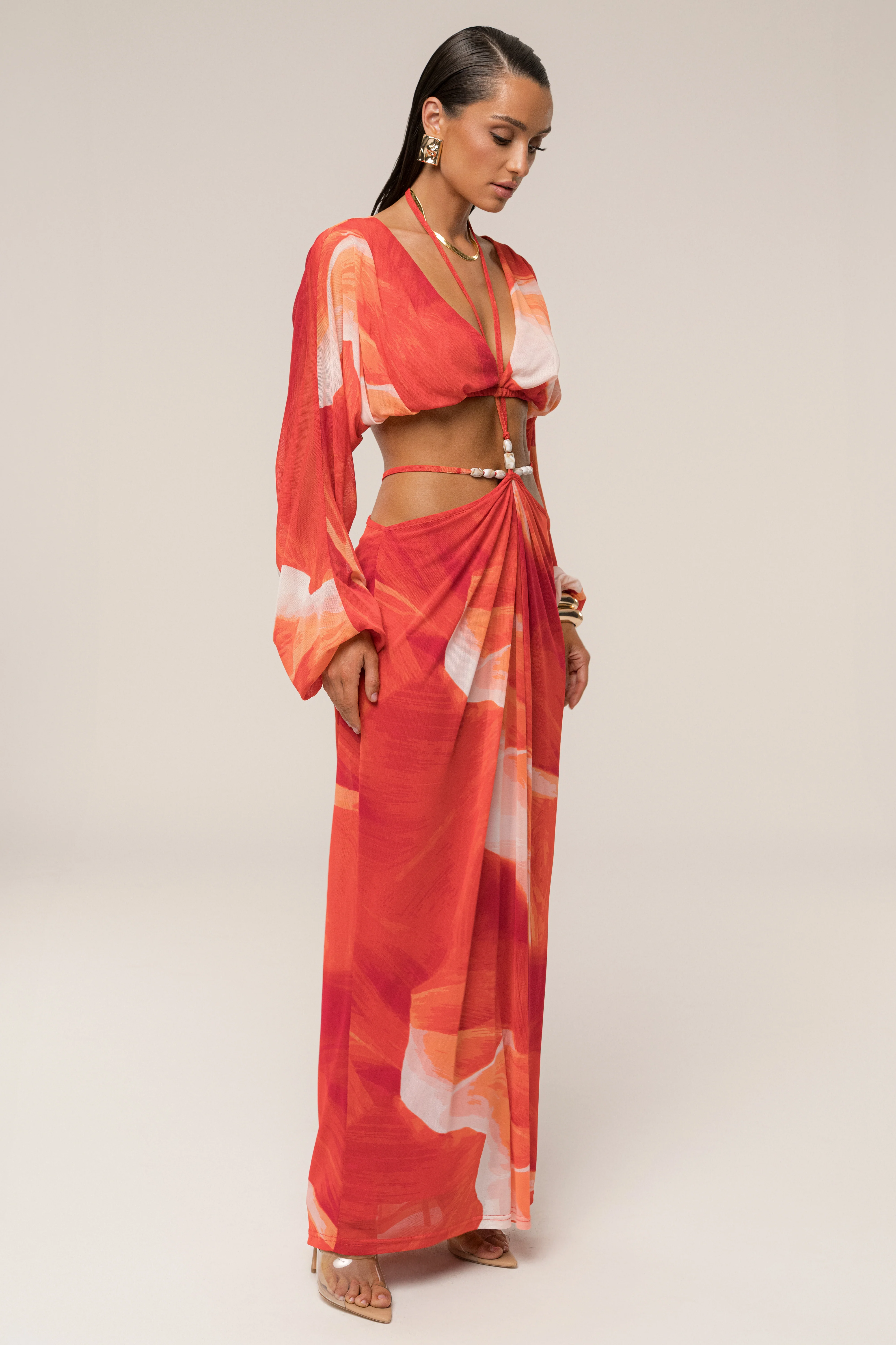 Sunset Red Hera Draped Maxi Skirt