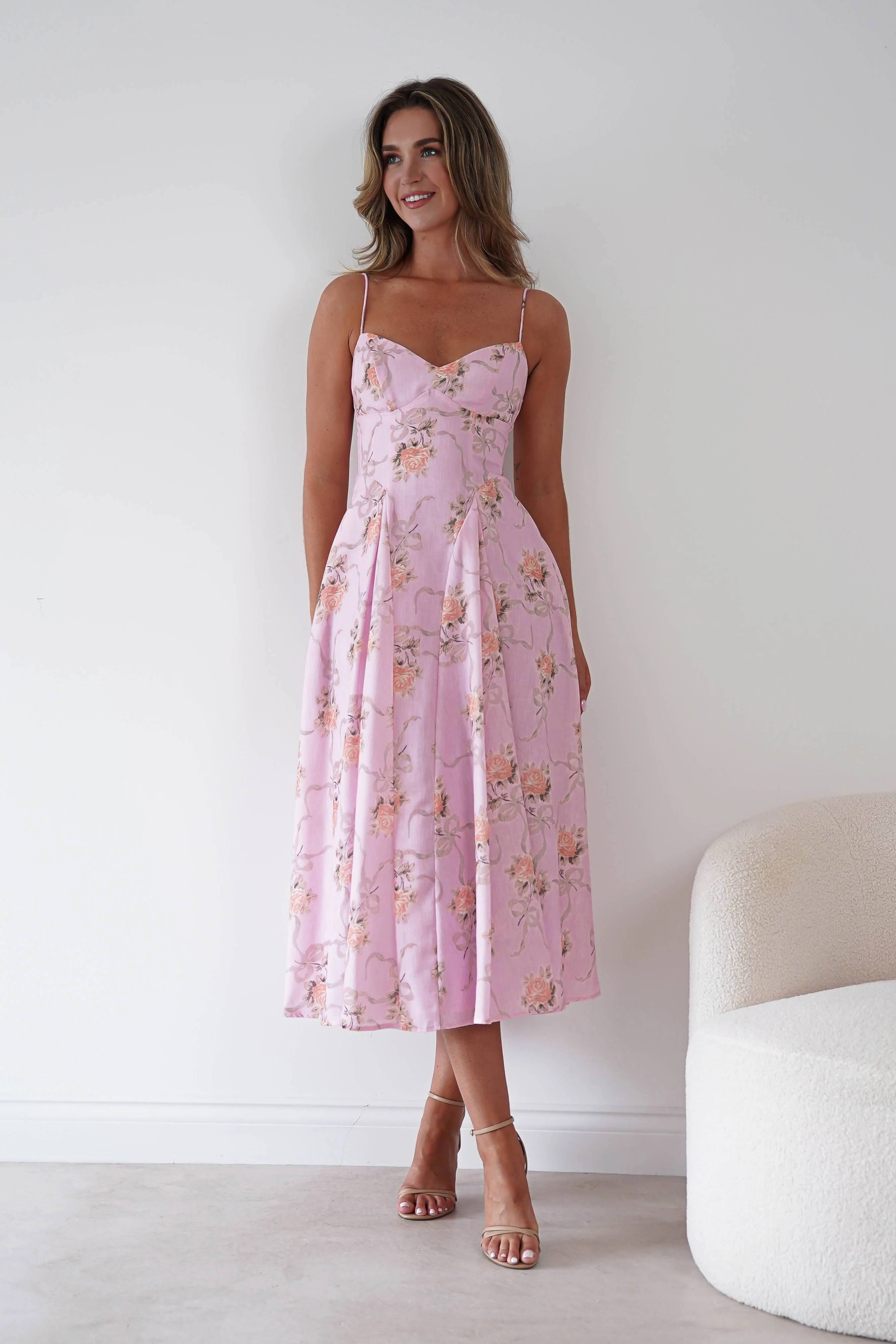 Tess Floral Print Skater Midaxi Dress | Pink