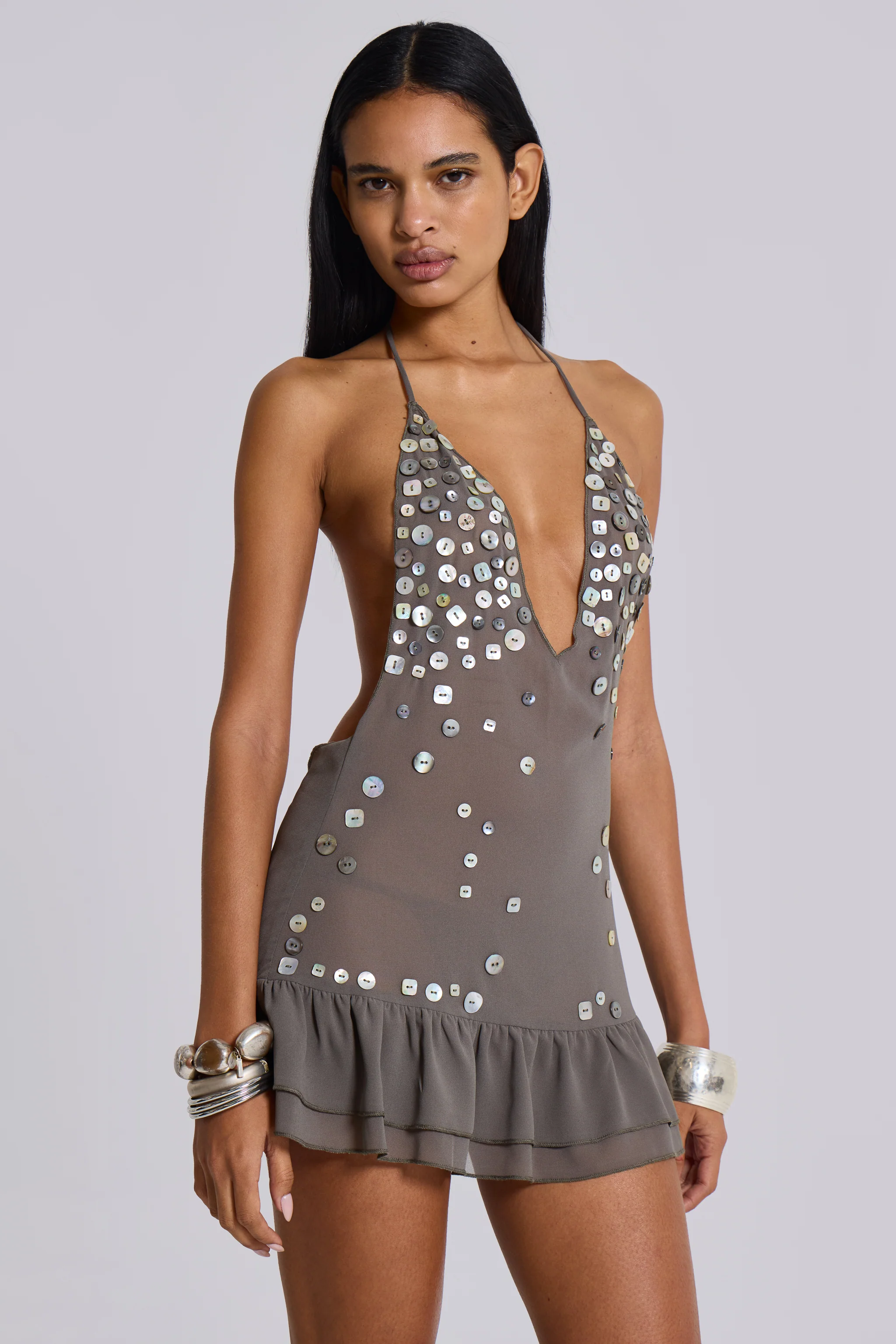 Button Me Up Mini Dress in Grey