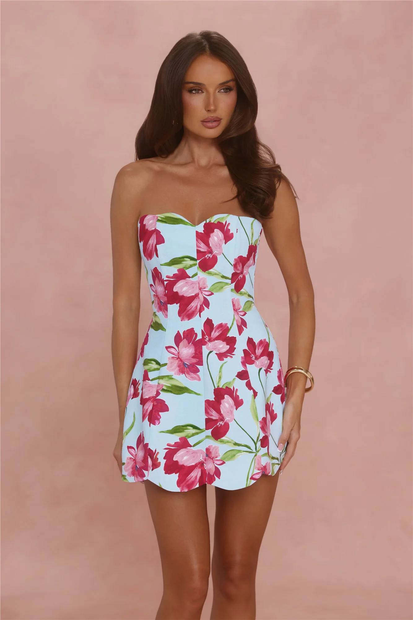Crimson Bloom Strapless Mini Dress Blue