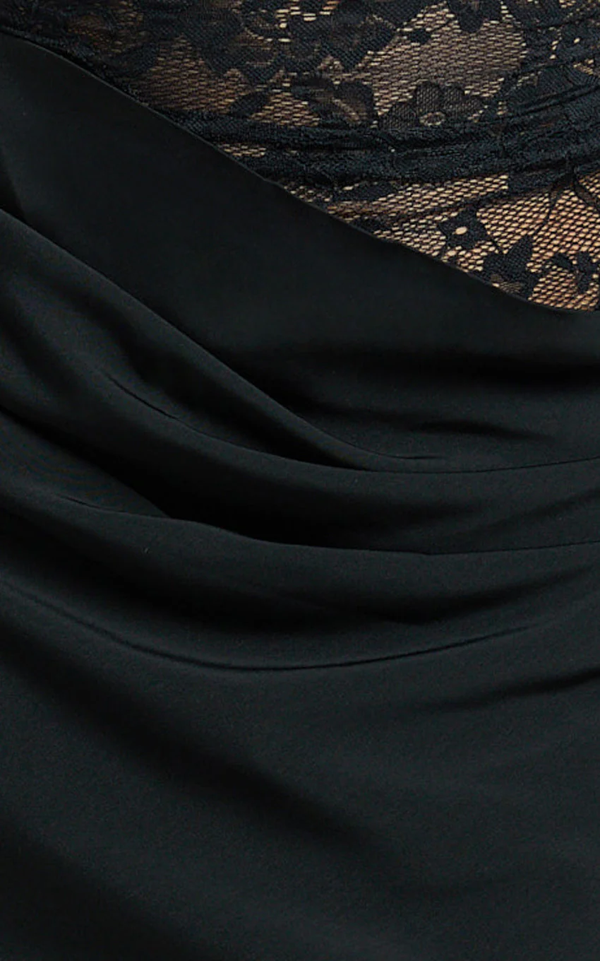 Rania Mini Dress - Square Neck Cowl Waist Lace Dress in Black