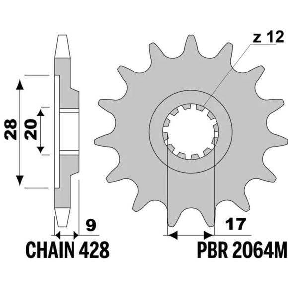 Standard steel PBR gearbox output pinion - 428 14 teethRef: Pbr01679A / 1152687001
