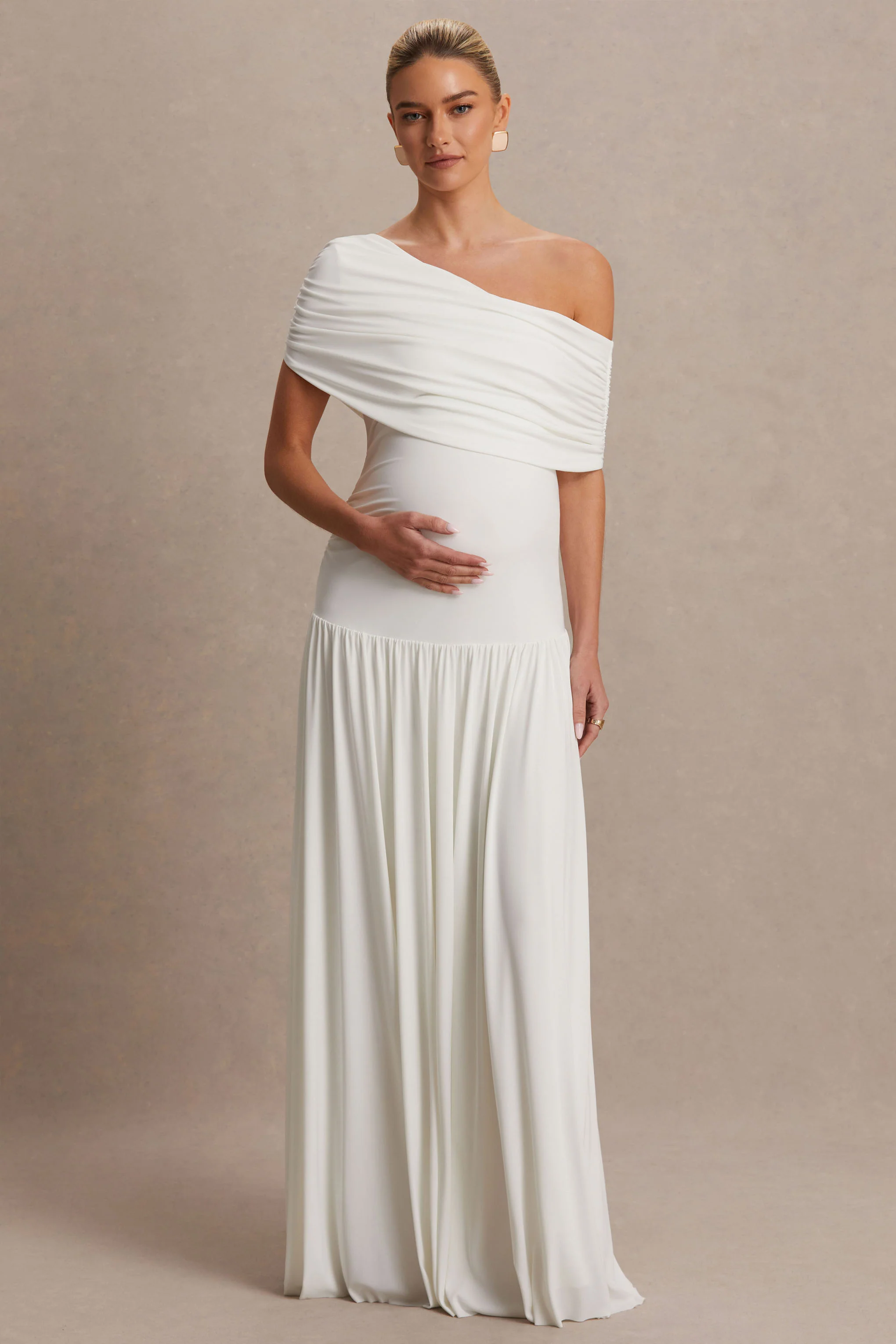 Noah | White Asymmetric-Neck Maternity Maxi Dress With Drop-Waist