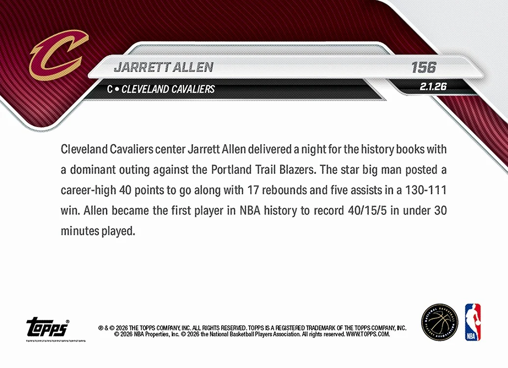 Jarrett Allen - 2025-26 NBA Topps NOW® - Card 156 - PR: 482