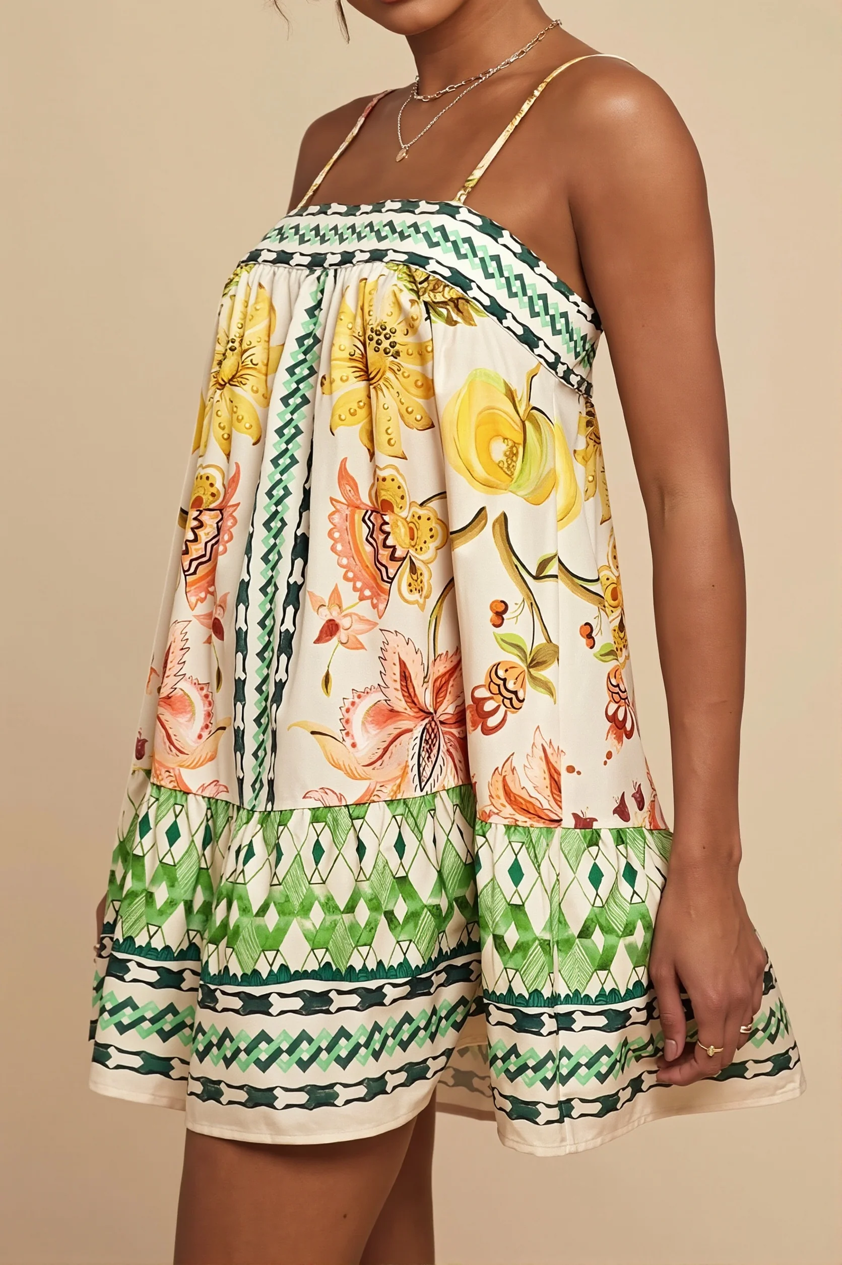 Palm Bird Print Loose Fit Cami Mini Dress