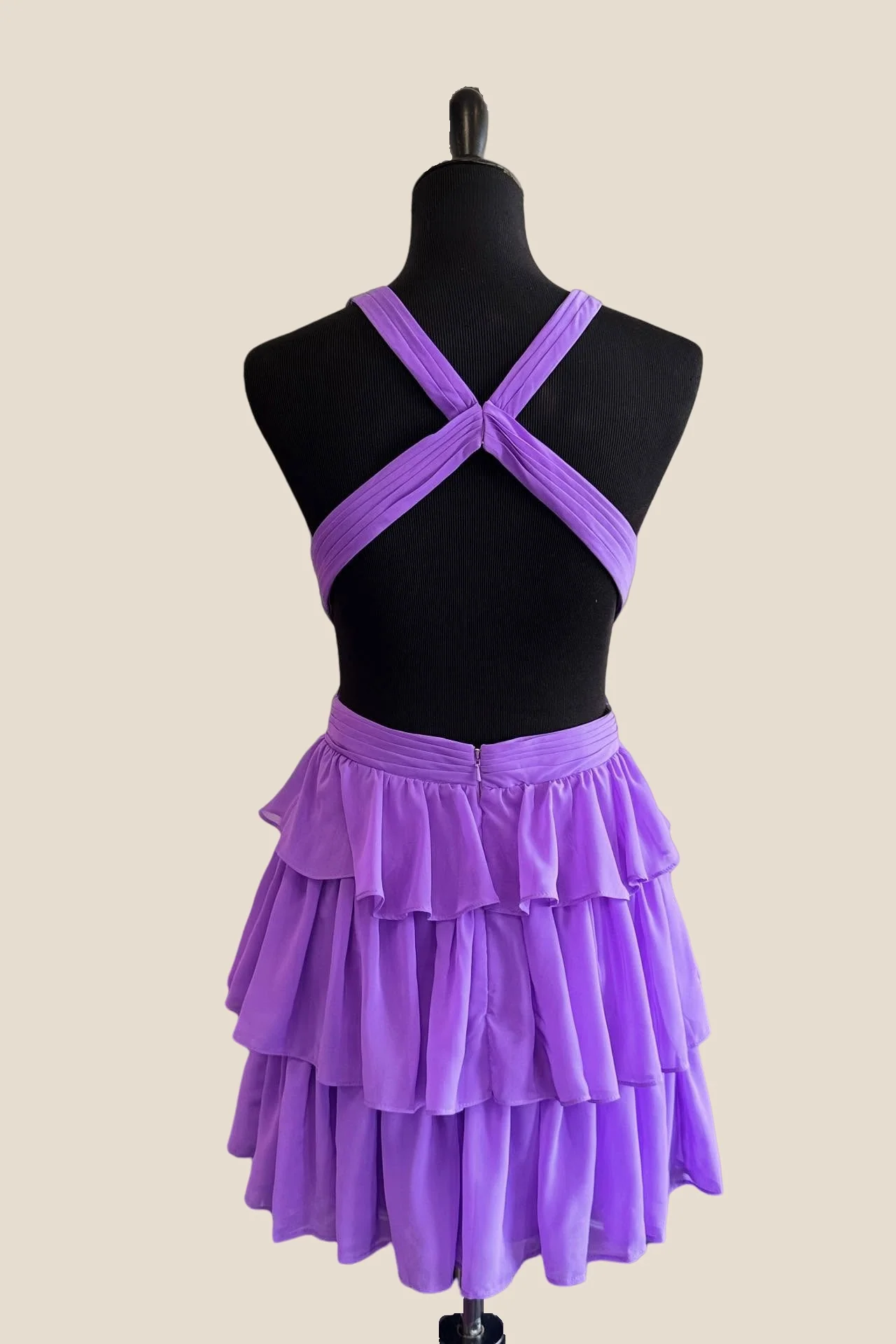 Plunge Neck Purple Tiered Short Dress with Cut-out