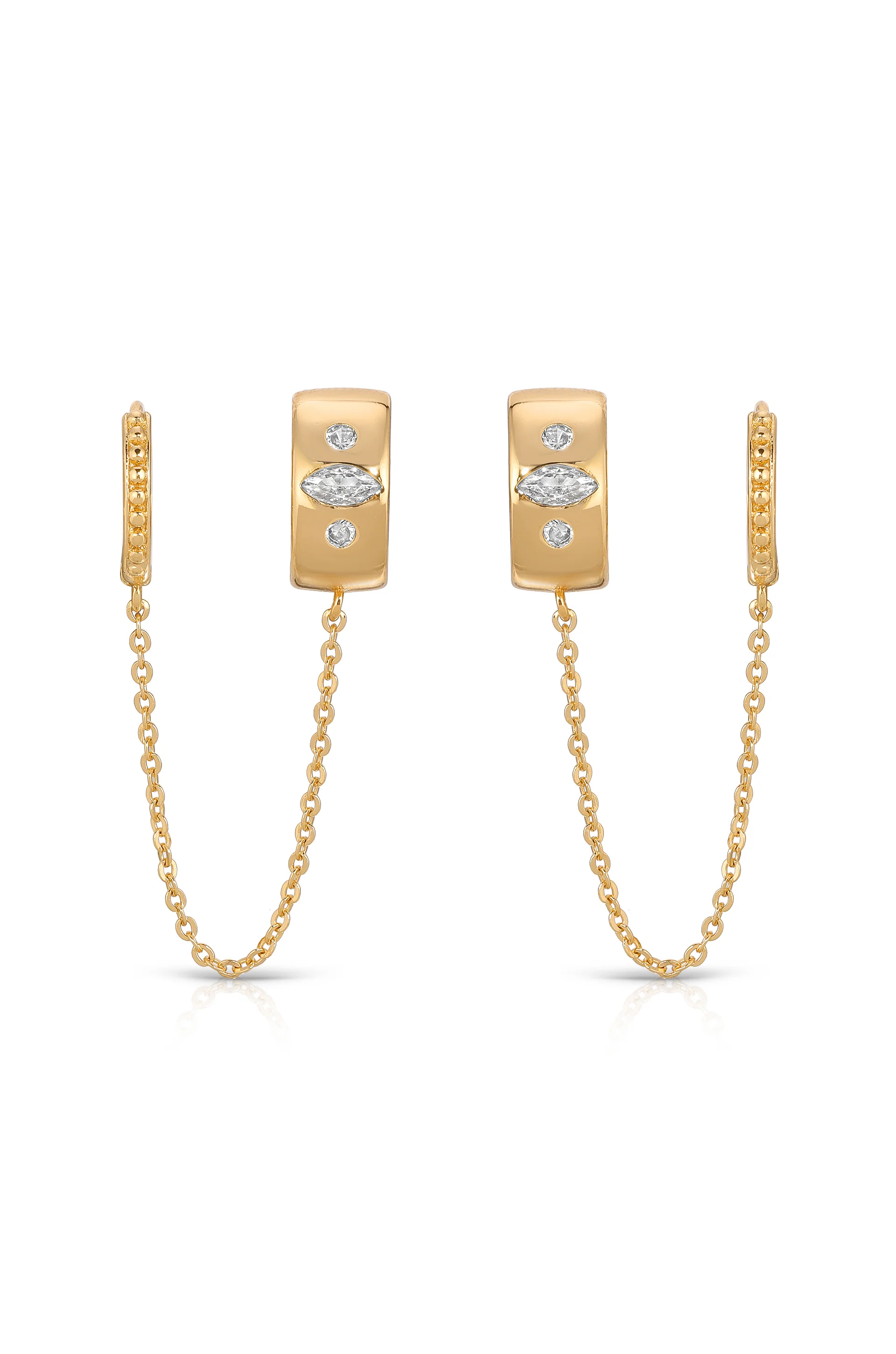Double Piercing Bezel Crystal Dangle Earrings