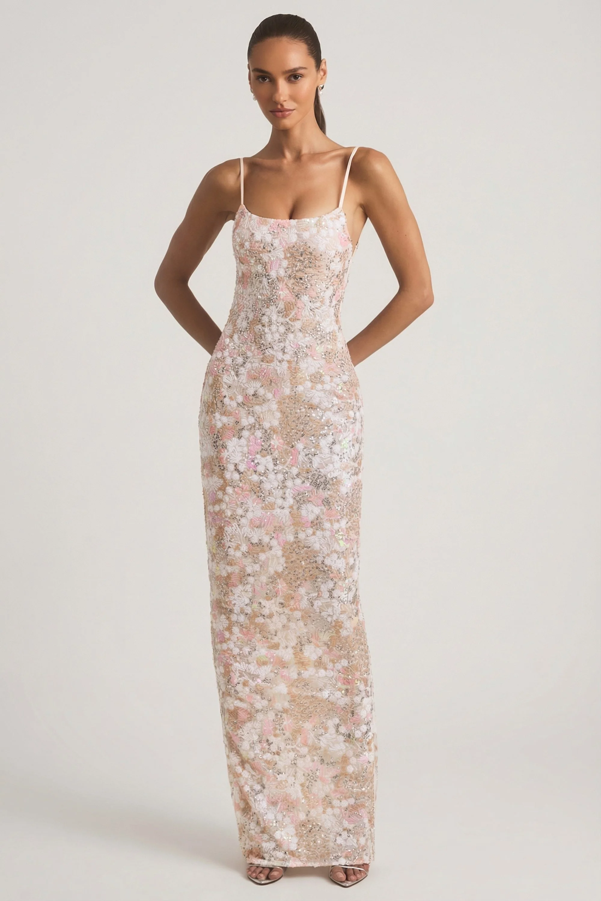 Embellished Scoop-Neck Backless Maxi Dress in Ivory