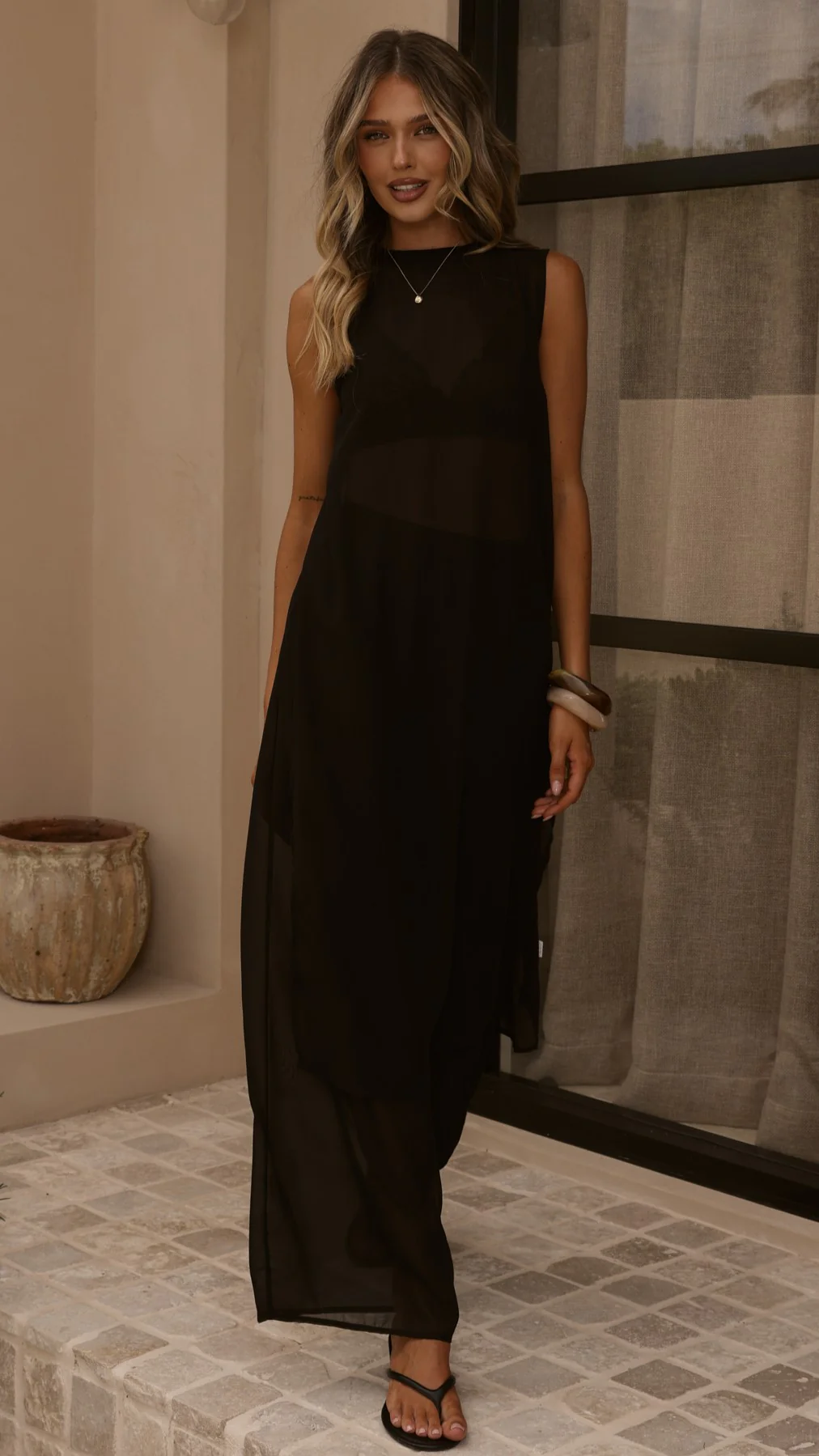 Zaire Long Line Sheer Top and Pants Set - Black