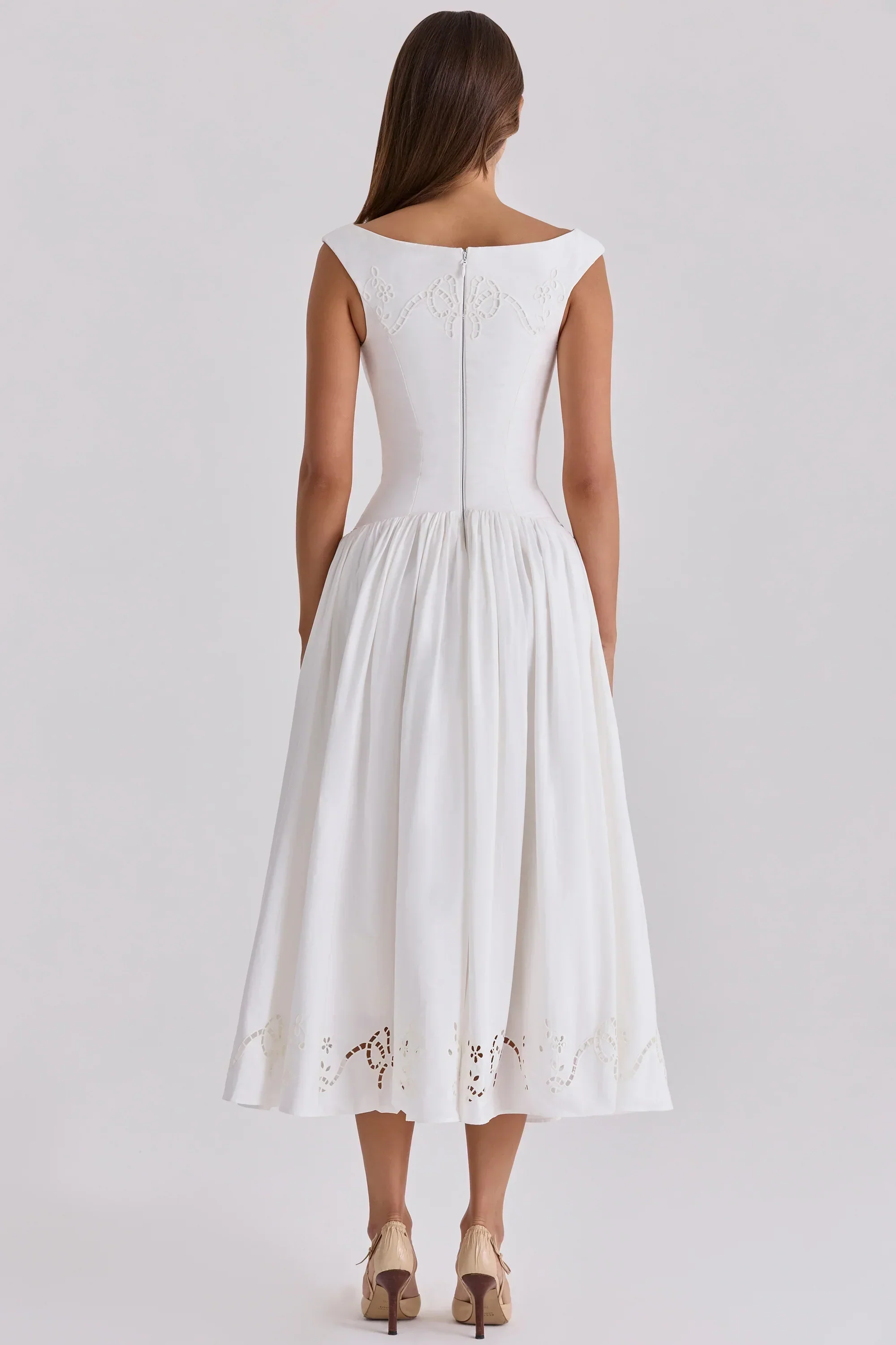 white cotton broderie anglaise boat neck maxi dress