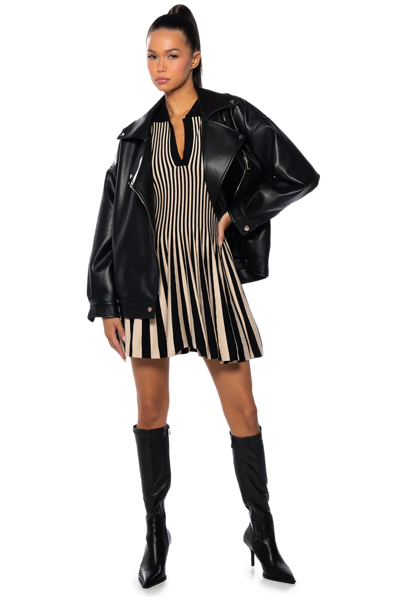 Alina Pleated Knit Fit And Flare Mini Dress In Black Multi