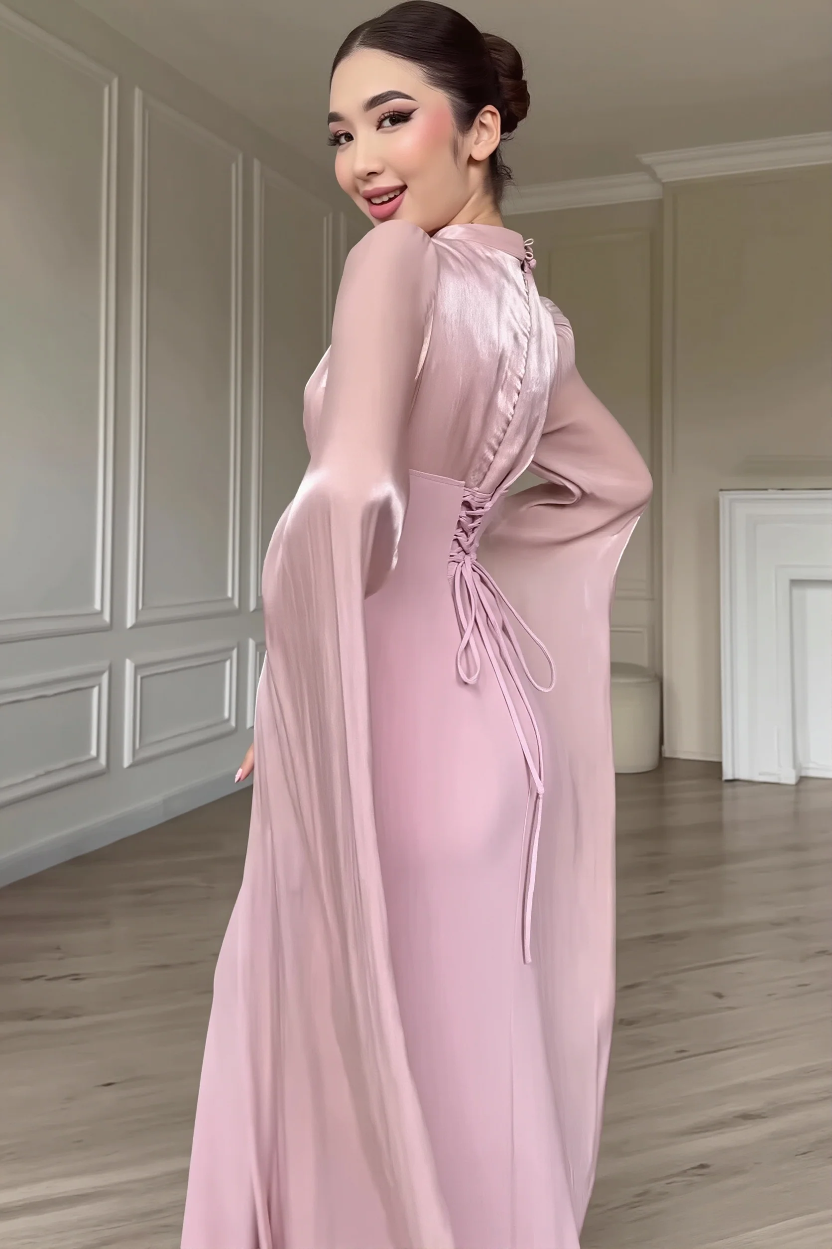 Glossy Flowy Sleeve Slim Maxi Dress