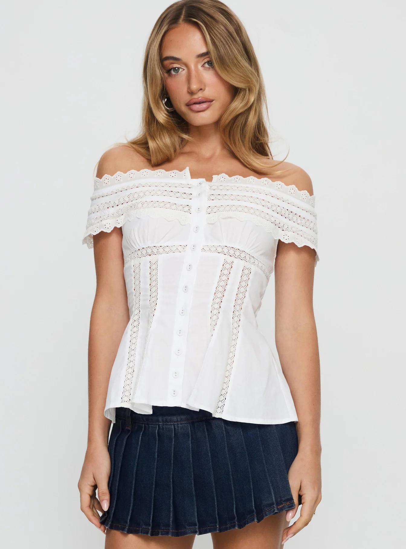Stately Off Shoulder Lace Trim Top White