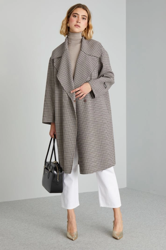 Chequered double-faced wool coat - BROWN BLACK CREAM