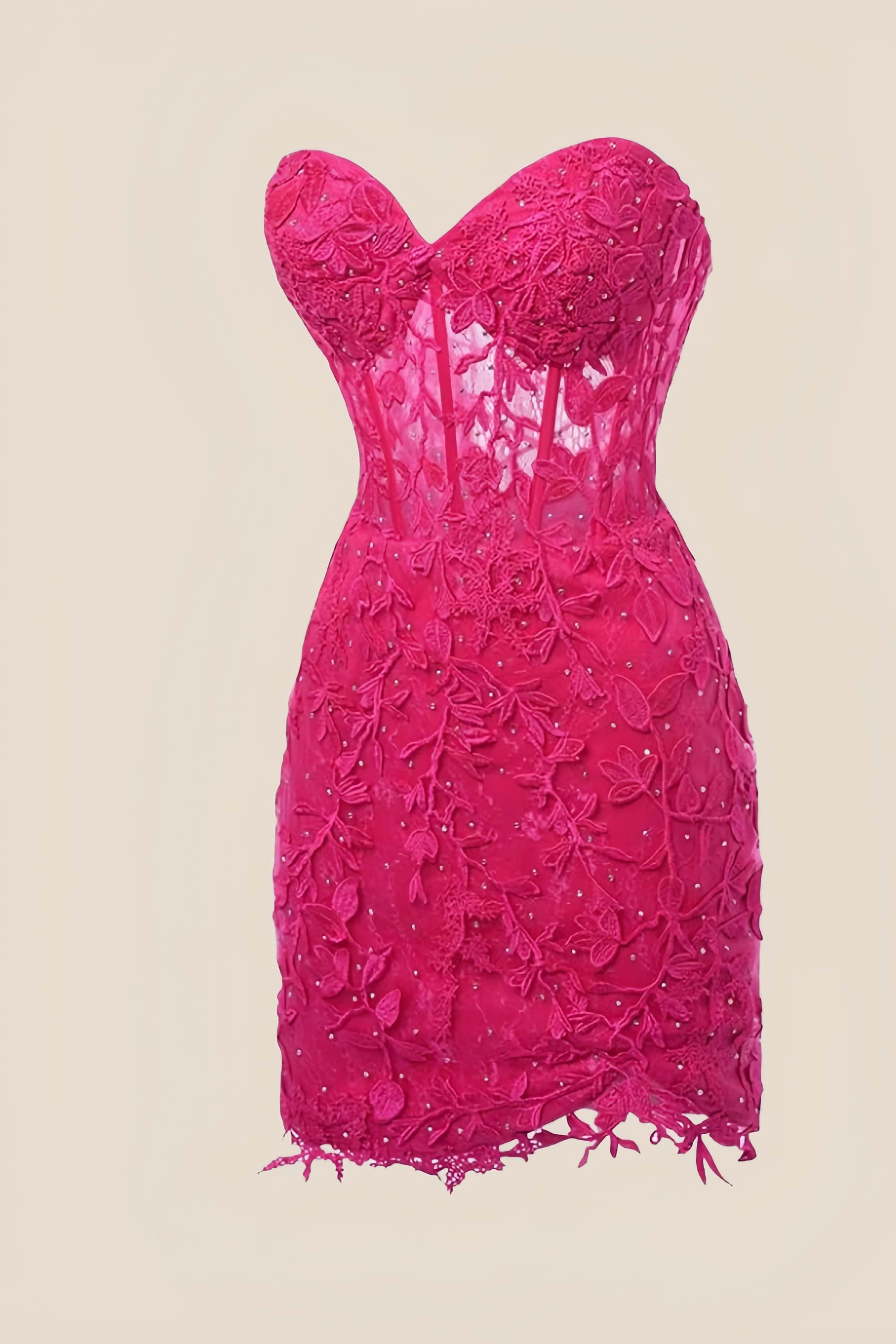 Strapless Neon Pink Appliques Tight Short Dress