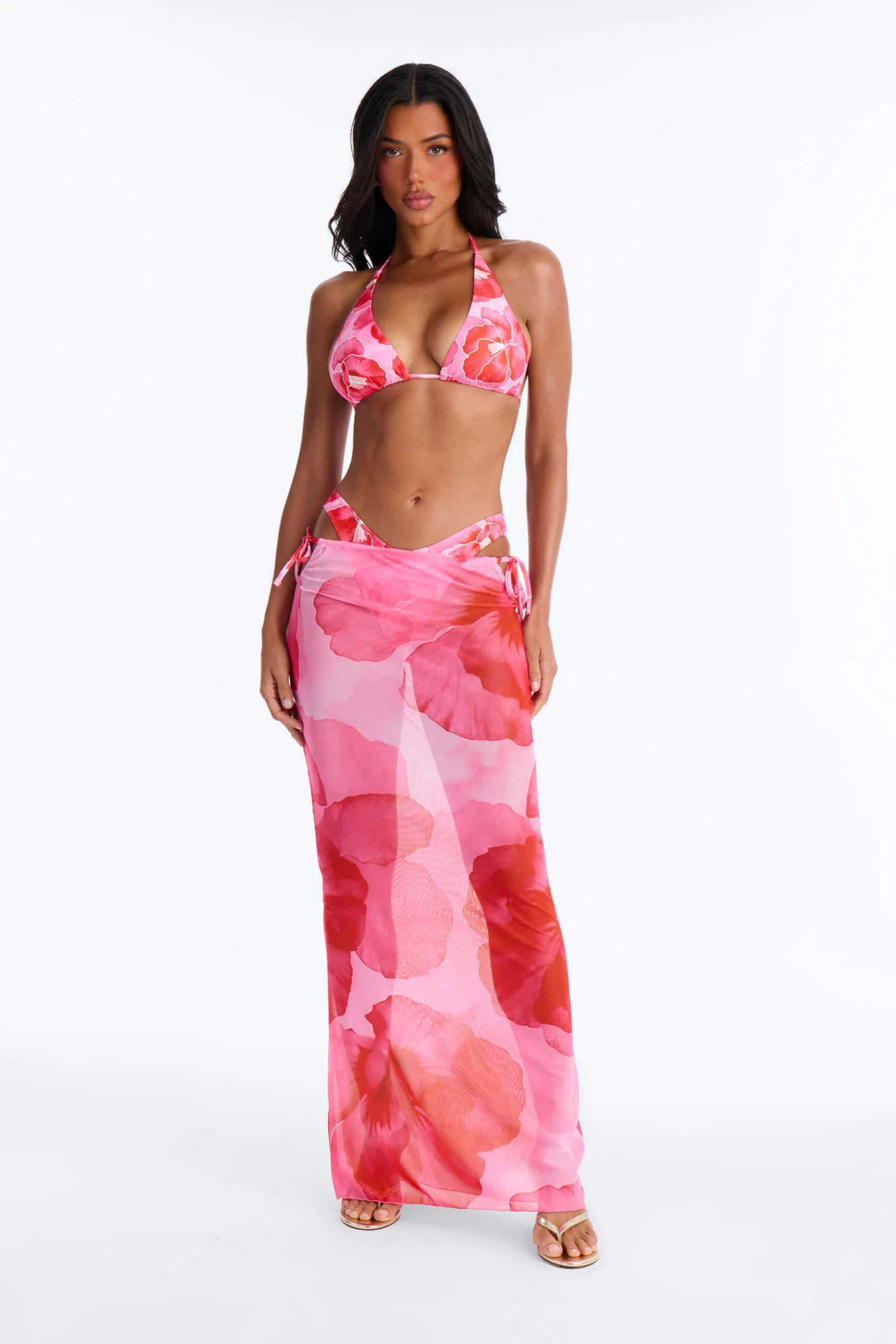 Paradise In Bloom Floral 3 Piece Bikini & Skirt Sunsuit - Pink/combo