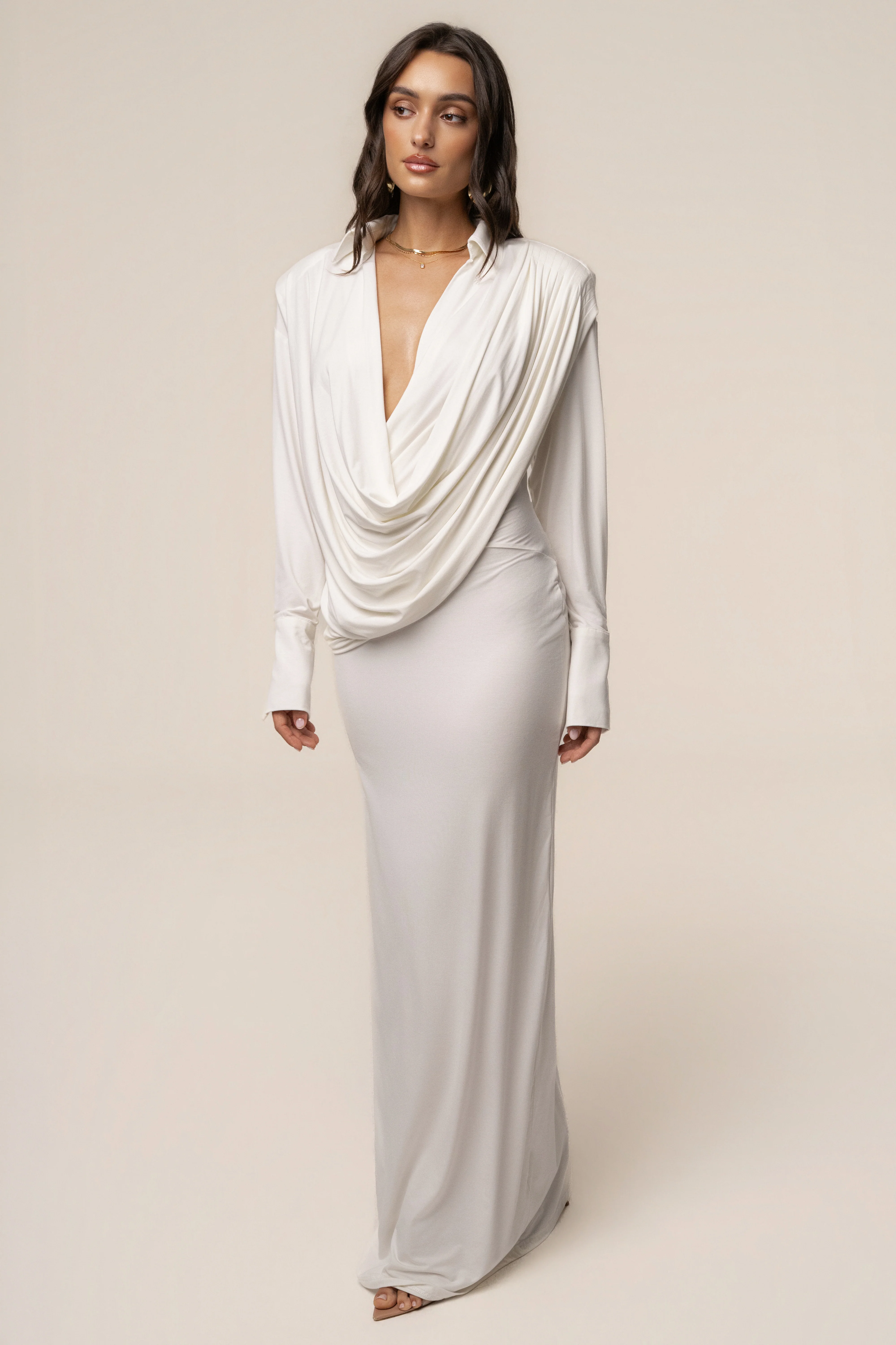 Ivory Poise Draped Maxi Dress